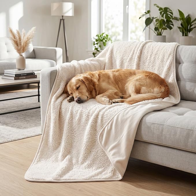 Waterproof Blanket for Couch - Dog Throw as Furniture Protector | Cozy Sherpa & Smooth Velvet, Reversible and Machine Washable, for Couch and bed, 50"x60", Beige by TuffeelHome