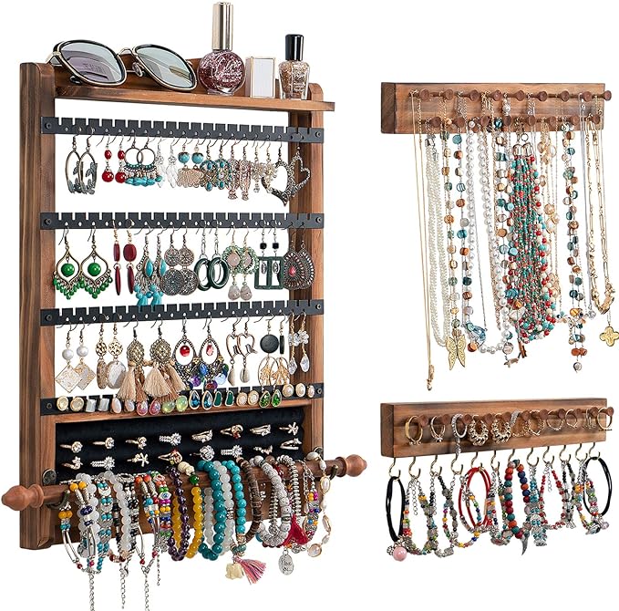 3Pcs Jewelry Organizers and Storage, Wood Earring Organizer | Hanging Jewelry Organizer,Rustic Wall Jewellery Organizer,Wall Mounted Earring Holder for Storage Display Gift (Brown+Black) by QILICHZ