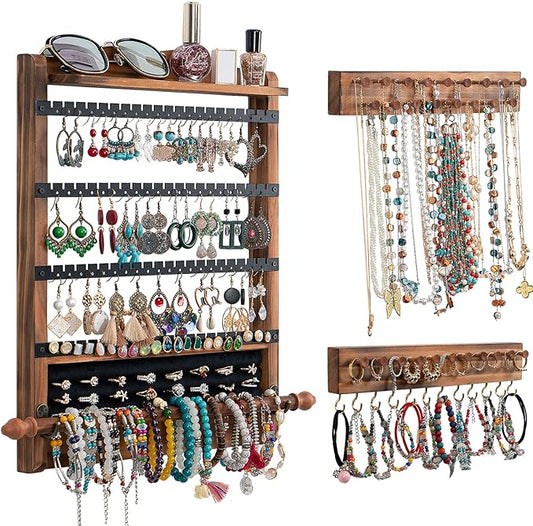 3Pcs Jewelry Organizers and Storage, Wood Earring Organizer | Hanging Jewelry Organizer,Rustic Wall Jewellery Organizer,Wall Mounted Earring Holder for Storage Display Gift (Brown+Black) by QILICHZ