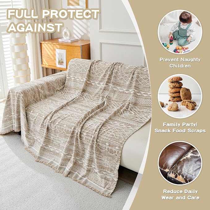 MEETSKY Boho Couch Cover Sofa Slipcover for Sectional Sofa Covers Protector Universal Use Chenille Blend Thick Fabric Washable, Modern Design Sofa Throw Cover for Living Room, 71" x 118", Khaki - Image 5