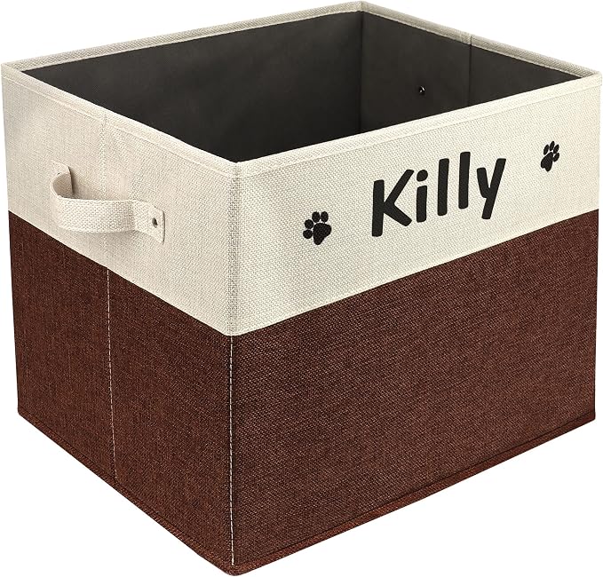 PET ARTIST Large Dog Toy Basket, Custom Toy Bin Box Personalized with Pet's Name, Collapsible Pet Storage Baksets With Handle for Toys,Blankets,Accessories- Brown by PETARTIST