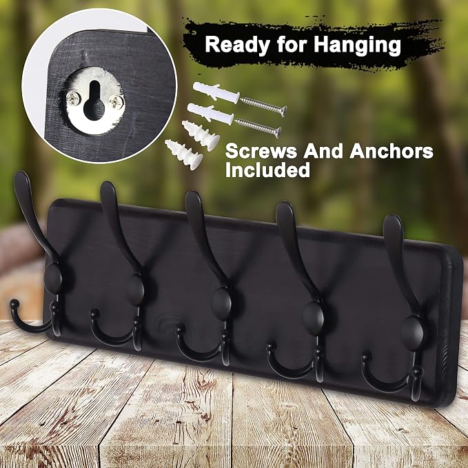 Dseap Coat Rack Wall Mounted - 5 Tri Hooks, Heavy Duty, Wooden Wall Coat Hanger Coat Hook for Clothes Hat Jacket Clothing, Black, Pack of 2 - Image 8