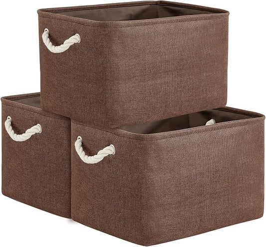TheWarmHome Organization and Storage Basket for Shelves - 3 Pack 16x12x12 inch Fabric Storage Cubes, Cube Storage Bin for Organizing Closet Cloth Organizer Gift Toy (White & Brown) by TheWarmHome