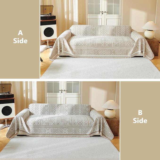 MEETSKY Boho Couch Cover Sofa Covers, Chenille Geometric Khaki Couch Covers for 2 Cushion Couch Sofa for Dogs, Washable Slipcover for Cat Sofa Protector with Tassels,71" x 118" - Image 8