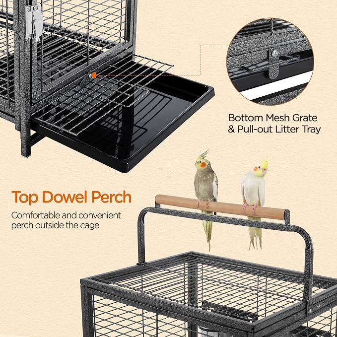 Yaheetech 25.5" Small Bird Cage, Wrought Iron Bird Travel Cage with Wooden Perch Handle & Seed Guard for Conures, Budgies, Lovebirds & Small to Medium Birds - Image 4