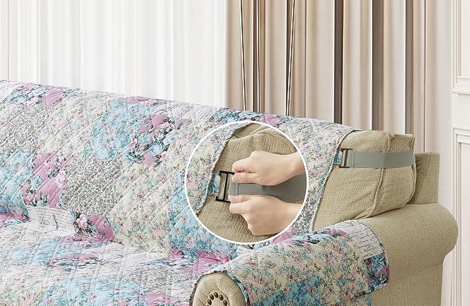 Brilliant Sunshine Lilac and Egg Blue Rose Toile Loveseat Cover, 54" seat | Traditional Patchwork Design, Non Slip Sofa Cover, Quilted Furniture Protector, Large Washable Love Seat Slipcover for Pets - Image 5