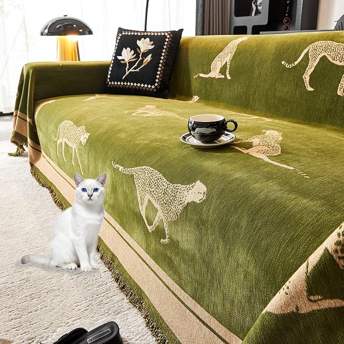Chenille Sofa Cover with Tassels, Non-Slip Couch Cover for 2/3 Seat Sofas, Washable Furniture Protector for Pets & Kids, Modern Leopard Pattern Chenille Blanket (Green, 71"x134") by Evaloome