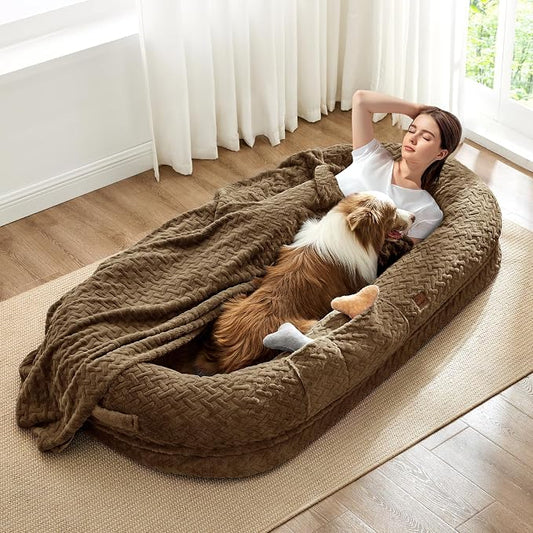 ChiXnuggle Orthopedic Human Dog Bed,with Faux Fur Washable Cover,Blanket | brown,72*40*10,giant dog bed for adult or extra large dogs,egg crate foam,non-slip bottom by SnuggleUpPawsDown