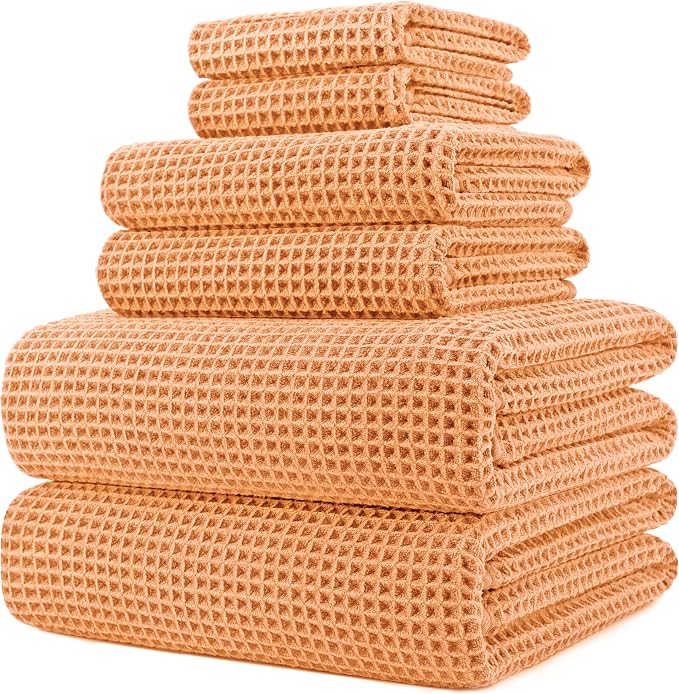 POLYTE 430 GSM Microfiber Quick Dry Lint Free Oversize Bath Towel Set, 6 Piece (Waffle Weave) by Polyte