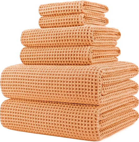 POLYTE 430 GSM Microfiber Quick Dry Lint Free Oversize Bath Towel Set, 6 Piece (Waffle Weave) by Polyte