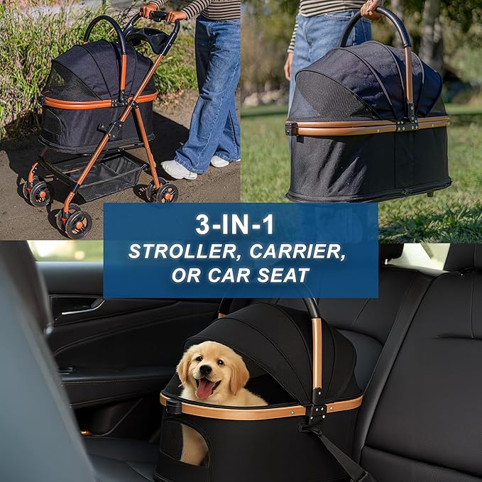 Pet Stroller for Small Dogs & Cats, Foldable for Small/Medium Dog Cat to 50 lbs, Removable Carrier, Storage Basket, Cup Holder, 3-in-1 Multifunctional Detachable (Black)