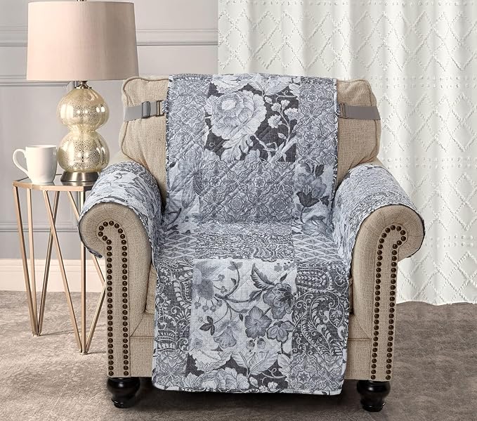 Brilliant Sunshine Multi Grey Flowers Couch Armchair Cover, 23" seat | Patchwork Design, Non Slip Sofa Cover, Quilted Furniture Protector, Washable Chair Slipcover for Pets, Dogs & Cats - Image 2