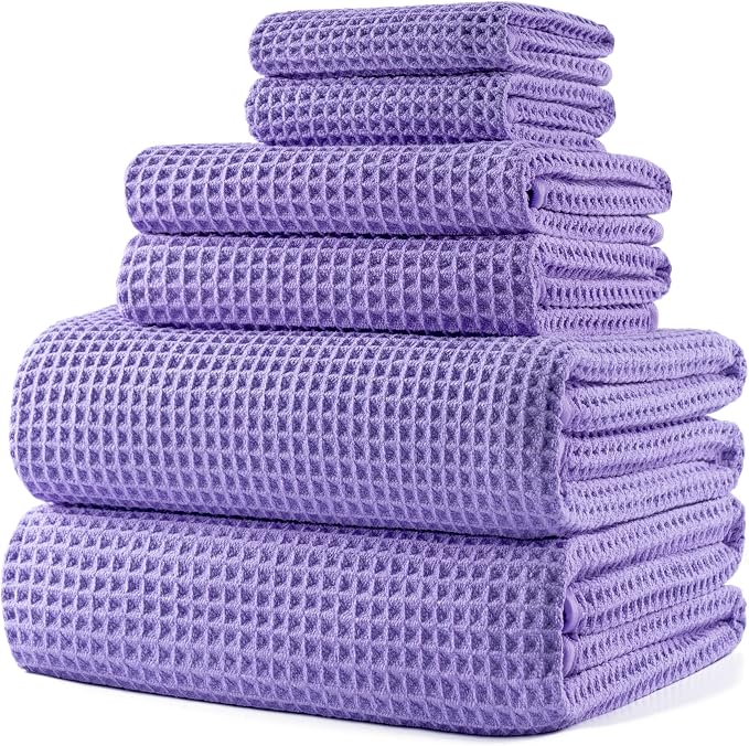POLYTE 430 GSM Microfiber Quick Dry Lint Free Oversize Bath Towel Set, 6 Piece (Waffle Weave) by Polyte
