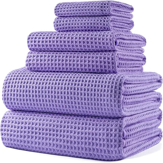 POLYTE 430 GSM Microfiber Quick Dry Lint Free Oversize Bath Towel Set, 6 Piece (Waffle Weave) by Polyte