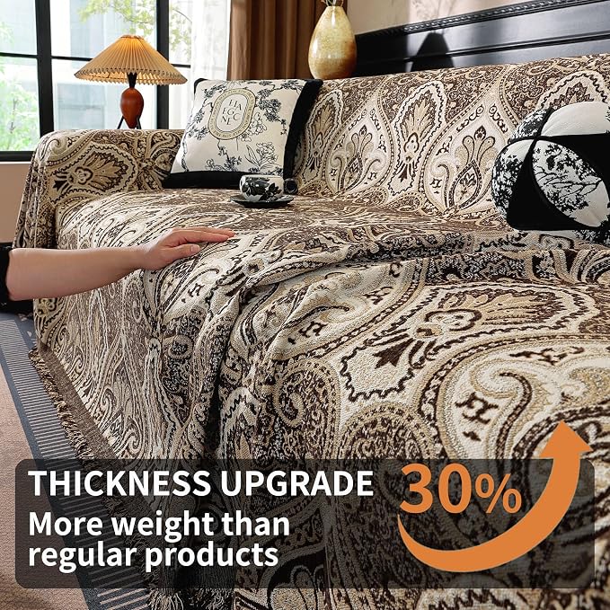 Vintage Couch Covers for Sofa Washable Sofa Covers for 3 Cushion Couch Non Slip Couch Covers for sectional Sofa Chenille Jacquard Furniture Protector for Dogs Pet Friendly Brown, 91"x134" - Image 3