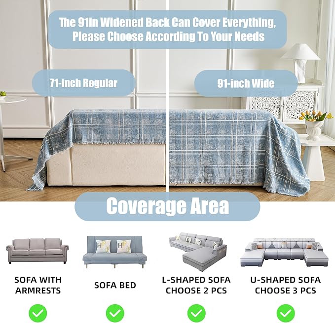 Couch Cover for Dogs Washable Sofa Cover, Sectional Couch Covers, Sofa Covers for 2 Cushion Couch, Non Slip Stripe Sofa Slipcovers Furniture Protector (Blue Checkered 91x102) - Image 3