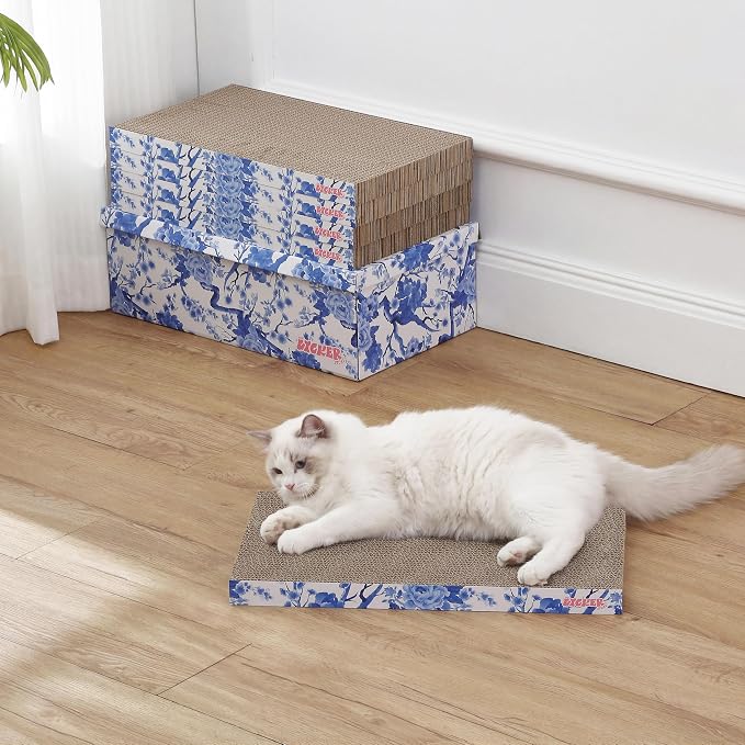 Naomi 18" x 10" Reversible Corrugated Cardboard Cat Scratcher Pads with Catnip, 5-Pack, Blue/White Chinoiserie Modern Furniture Protector CSR1009F - Image 2