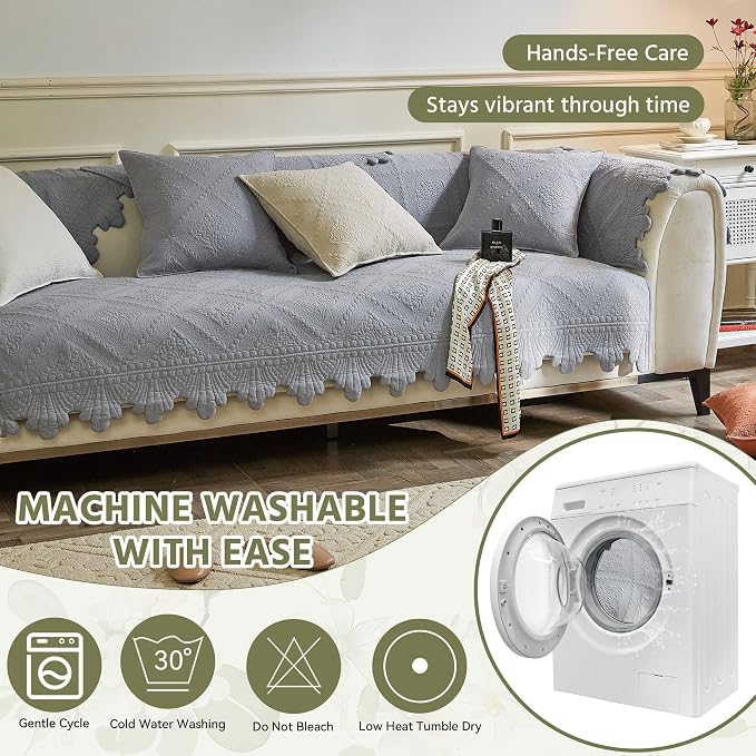 OTOB Cotton Quilted Dog Couch Covers for Sofa Washable Anti Slip, 1 Piece | Gray, 27.6"x70.9", Rustic Farmhouse Embroidery, All Seasons, Soft Thick, Breathable, Wear-Resistant, Pet Friendly - Image 6