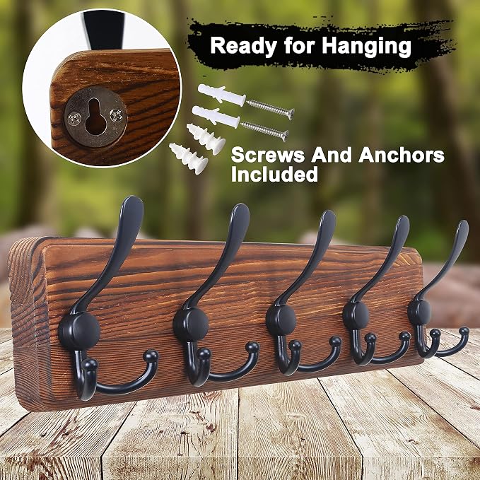 Dseap Coat Rack Wall Mounted - 5 Tri Hooks, Heavy Duty, Wooden Wall Coat Hanger Coat Hook for Clothes Hat Jacket Clothing, Natural & Black, 2 Packs - Image 7