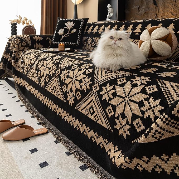 VClife Boho Couch Cover for Sofa, Anti Slip Chenille Sofa Cover for Sectional Sofa - 1 Piece Black Khaki Geometry Jacquard Sofa Slipcover, Pet-Friendly Couch Cushion Cover with Tassel 71"x 134" - Image 8