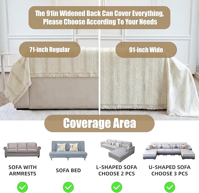 Couch Cover for Dogs Washable Sofa Cover, Sectional Couch Covers, Sofa Covers for 2 Cushion Couch, Non Slip Stripe Sofa Slipcovers Furniture Protector (Beige, 71x134) - Image 3