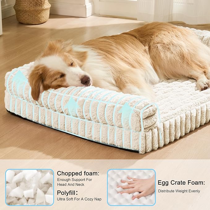 Orthopedic Calming Large Dog Bed Pet Sofa Bed 36''X24'' Ivory | 3-Sided Pet Couch Large Sized Dog, Soft Egg-Crate Foam Dog Mat, Waterproof Removable Washable Cover, Nonskid Bottom Cat Bed - Image 4