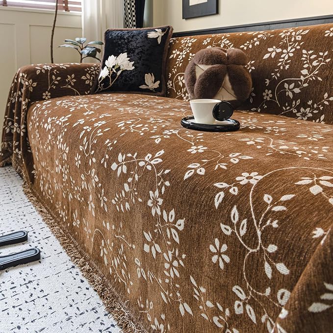 STACYPIK Soft Botanical Floral Vine Couch Cover, Brown Sofa Cover for Dogs | Thick Durable, Vintage Jacquard, Washable Reversible Sectional Protector for 3 Cushion Couch with Tassels, Multi-use-71X150IN - Image 7