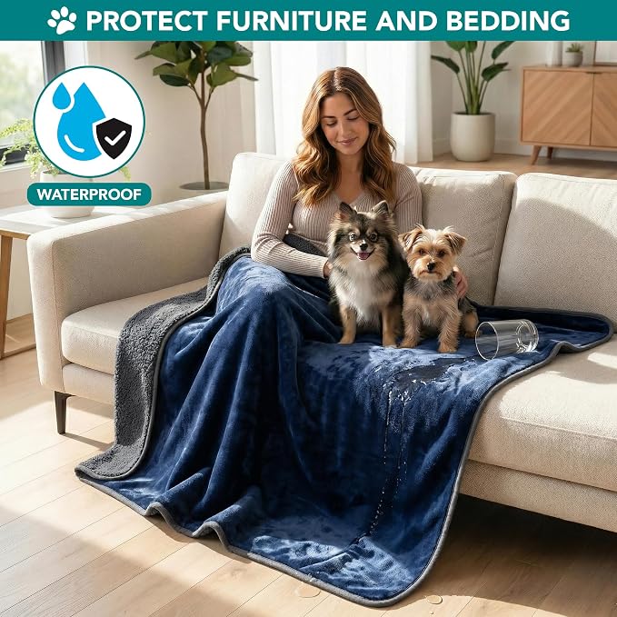 PETAMI Sherpa Fleece Waterproof CAT and Dog Blanket, Navy/Gray, Large - Image 2
