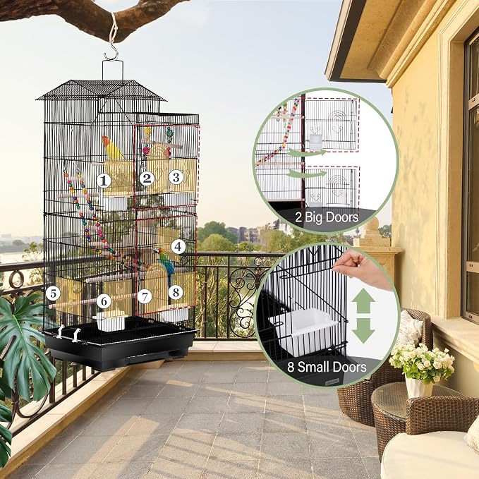 ZENY 39-inch Roof Top Large Flight Parrot Bird Cage for Small Quaker Cockatiel Canary Sun Parakeet Green Cheek Finch Budgie Lovebirds Wrought Iron Pet Bird Cage w/Toys - Image 8