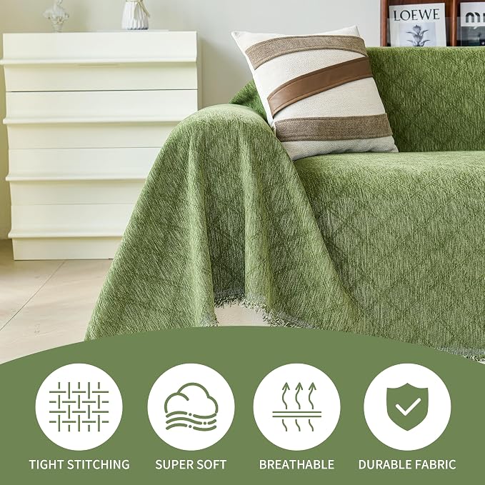 VANJOROY Green Couch Cover Chenille for 2 Cushion L-Shape Loveseat, Washable Sofa Couch Cover Protector Soft Sofa Slipcovers for Pets Dog with Tassel,71"x 102" - Image 2