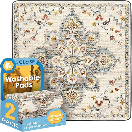 SCLOSE Washable Pee Pad for Dogs 2 Pack, 36" x 36" Reusable Puppy Pads Waterproof Dog Rugs, Super Absorbent, Leakproof, Dog Crate Pad, Playpen Mat, Whelping Pads, White Medallion by SCLOSE