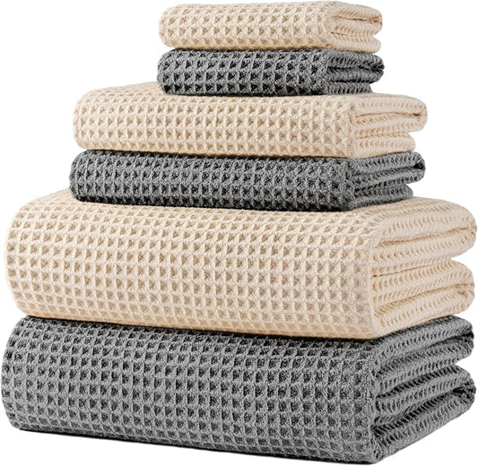 POLYTE 430 GSM Microfiber Quick Dry Lint Free Oversize Bath Towel Set, 6 Piece (Waffle Weave) by Polyte
