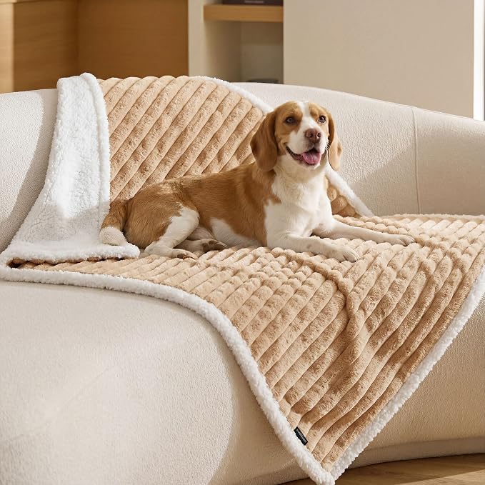 Bedsure ComfyFleece™ Waterproof Dog Blankets for Large Dogs,40x50 | Soft Plush Couch Cover,Washable Corduroy Fleece for Furniture Protector,Cozy Calming Reversible Pet Blanket, Tuscan Beige by Unknown