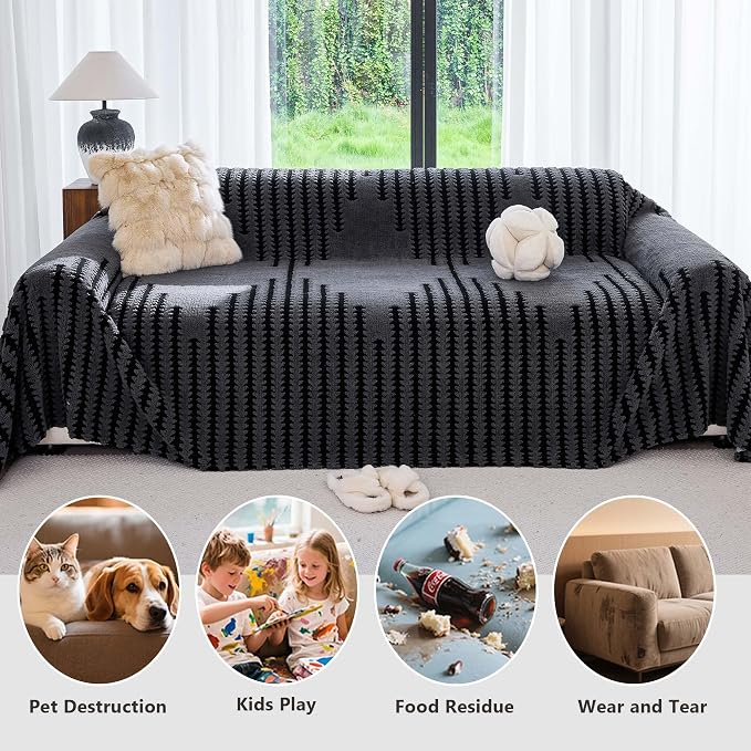 Non Slip Couch Covers for 3 Cushion Couch Sofa, Pet Friendly Sofa Covers Washable, Heavy Duty Scratch Resistant Furniture Cover for Dogs Fits 3 Seat, 91" x 134", Gray - Image 4