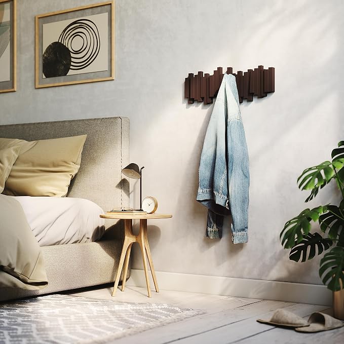 Umbra Sticks Wall Mount Coat Rack, 5 Hook Retractable Pegs, Espresso | Mounting hardware included, sculptural modern design, entryway or bedroom use, recycled plastic - Image 9