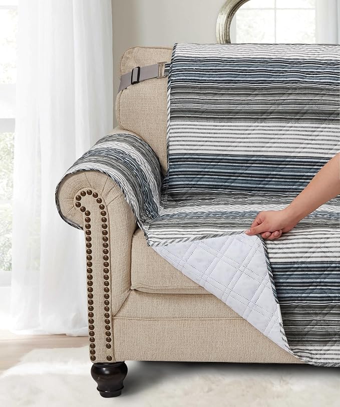 Brilliant Sunshine Multi Grey Stripes Loveseat Cover, 54" seat | Non Slip Sofa Cover, Quilted Furniture Protector, Large Washable Love Seat Slipcover for Pets, Dogs - Image 3