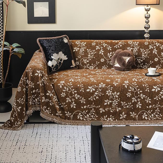 STACYPIK Soft Botanical Floral Vine Couch Cover, Brown Sofa Cover for Dogs | Thick Durable, Vintage Jacquard, Washable Reversible Sectional Protector for 3 Cushion Couch with Tassels, Multi-use-71X150IN - Image 2