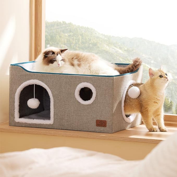 Bedsure Extra Wide Cat House Bed with Fluffy Ball and Scratch Pad,Grey | 23.6x16.9x13 in,Indoor Cat Cave for Multiple Pets, Foldable Cat Hideway Cube for Sleeping Large Cat and Kitten - Image 7
