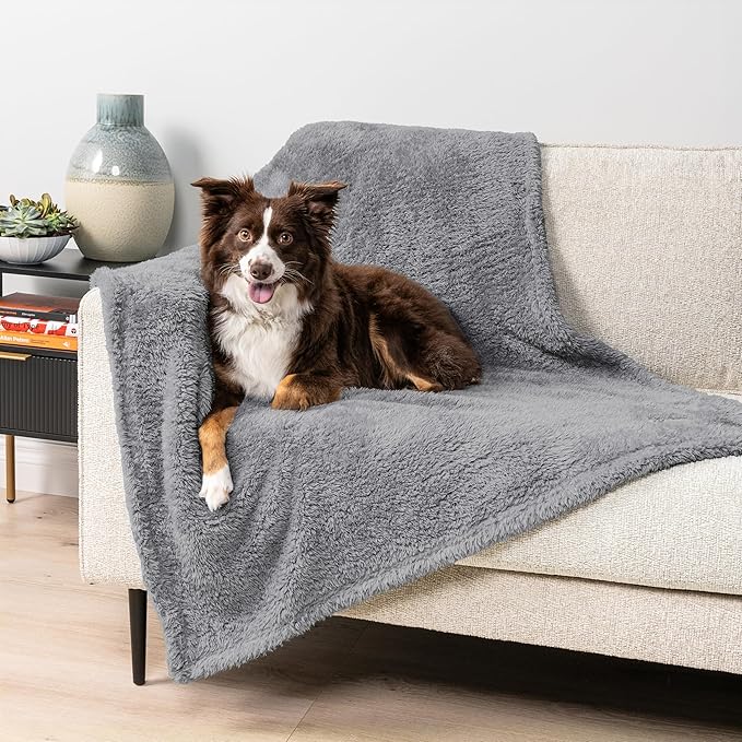 PetAmi Fluffy Waterproof Dog Blanket for Couch and Bed, Reversible Sherpa Pet Throw, Pee Proof Furniture Protector Sofa Cover, Washable Cat Blanket for Medium Large Dogs and Cats (Light Grey, 40x60) by PetAmi