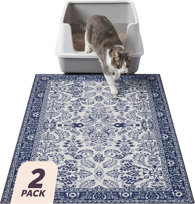 Lovewag Cat Litter Mat, Litter Box Mat, Indigo Garden, 36x48, 2 Pack | Washable litter mat cover, kitty litter mat & cat mat for litter box, litter trapping mat, prevents tracking, multi-cat by Lovewag