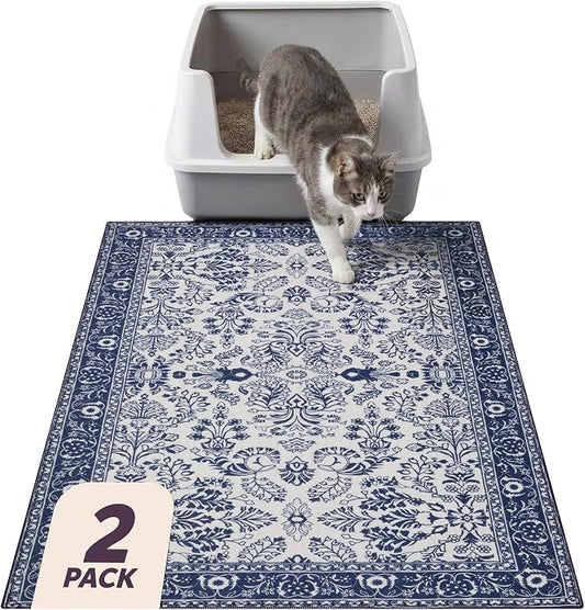 Lovewag Cat Litter Mat, Litter Box Mat, Indigo Garden, 36x48, 2 Pack | Washable litter mat cover, kitty litter mat & cat mat for litter box, litter trapping mat, prevents tracking, multi-cat by Lovewag
