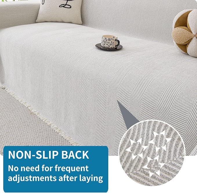 HAOMAIJIA Non Slip Couch Cover Sofa Covers for 3 Cushion Couch Washable sectional Couch Covers for Dogs pet Furniture Protector Couch Cover Blanket for Living Room (Off White, 91"x134") - Image 2