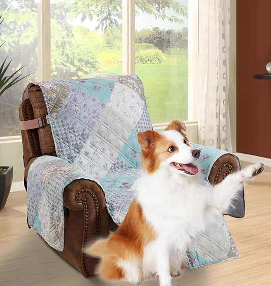 Brilliant Sunshine Blue & Green Roses Couch Recliner Cover, 28" seat | Patchwork Design, Non Slip Sofa Cover, Furniture Protector, Large Washable Reclining Chair Slipcover for Pets, Dogs & Cats by BrilliantSunshine