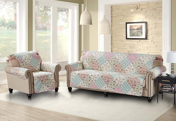 Brilliant Sunshine Pink & Green Roses Couch Recliner Cover, 28" seat | Non Slip Sofa Cover, Patchwork Design, Furniture Protector, Large Washable Reclining Chair Slipcover for Pets, Dogs & Cats - Image 3