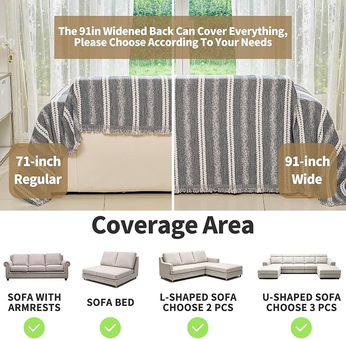 VANJOROY Couch Chair Cover, Armchair for 1 Cushion Couch, Washable Chenille Sofa Cover Protector Soft Sofa Slipcovers for Pets Dog with Tassel,71"x 91" Grey - Image 3