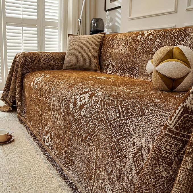 DREAMINGO Chocolate Brown Couch Protector Boho Sofa Covers for 3 Cushion Couch Geometric Jacquard Soft Chenille Furniture Cover for Dogs Washable Vintage Sofa Slipcovers for Sectional, 71"x134" - Image 4