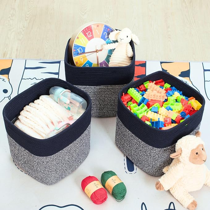 MINTWOOD Design 3-Pack 11x11in Woven Cube Storage Bin and Shelf Baskets, Cute Decorative Square Organizer for Closet, Classroom, Bathroom, Dog and Cat Toys, and Books, Navy Blue - Image 5