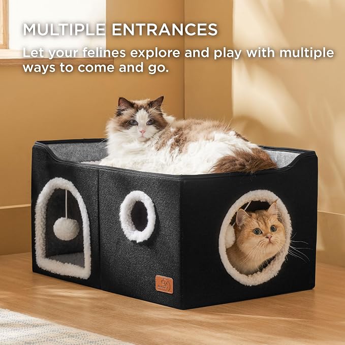Bedsure Extra Wide Cat House Bed with Fluffy Ball and Scratch Pad,Black | 23.6x16.9x13 in,Indoor cat cave for multiple pets, Foldable cat hideway cube for sleeping large cat and kitten - Image 2
