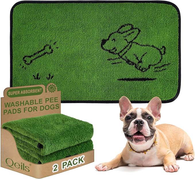 Qeils Reusable Puppy Pads , Washable Pee Pads for Dogs 18" x 30" 2 Pack | Super Absorbent & Leakproof Potty Training Pads, Plush Grass-Look With Non-Slip Backing For Crates, Playpens & Small Pets by Qeils