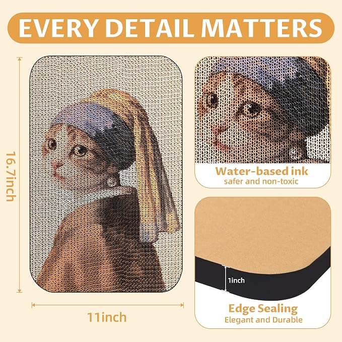 Cat Wall Scratcher, Art Cat Scratching Board for Indoor Cats | Wall Mounted Cat Scratch Pad, Water-Based Ink, Hook&Loop Strips, Floor or Wall Use, 16.7x11x1 Inch, Cat with Pearl Earring - Image 2